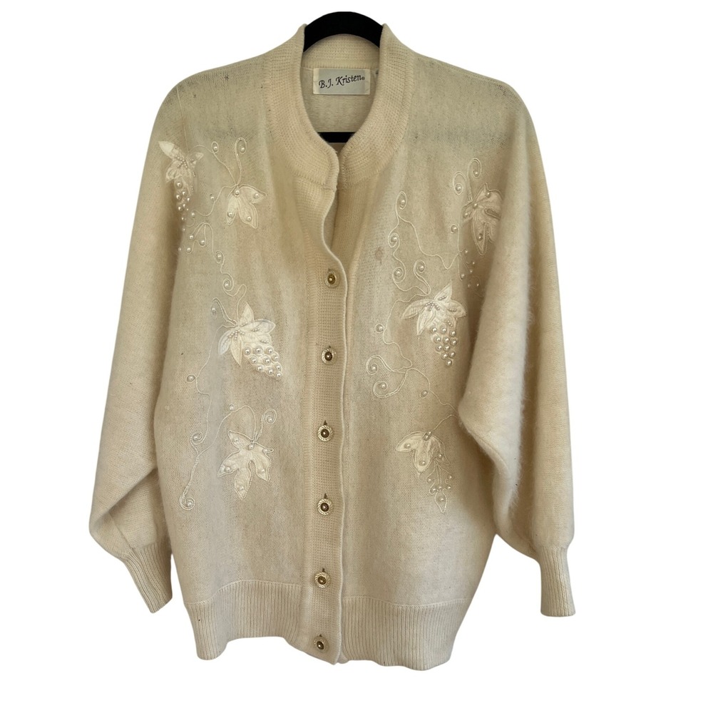 VTG‎ B.J. Kristen Angora Blend Beaded Embellished Cardigan Sweater Cream READ